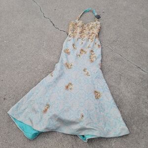 New Terani couture designer Seafoam Formal Evening Long Dress Mermaid silk Sz 8